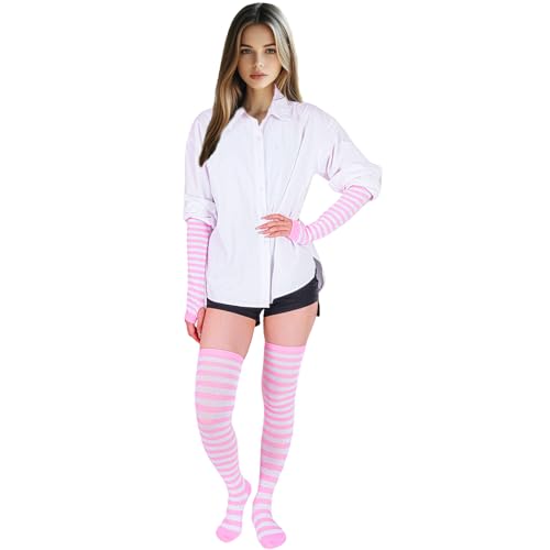 Image of Tongcloud Women's Striped Knee High Socks, Over Knee Thigh High Socks, Arm Warmer and Fingerless Gloves Set