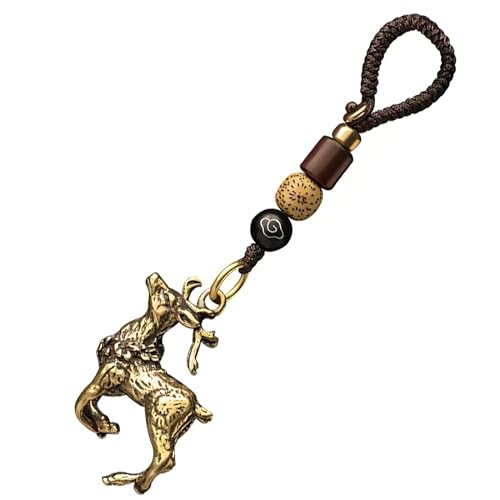 ROBAUN Llavero de ciervo antiguo de latón con cordón, llavero de animales con cuerda tejida a mano, llavero de coche de ciervo 3D for decoración de bolsos