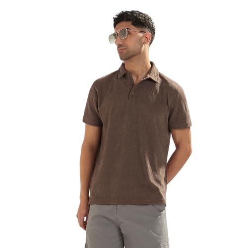 Image of Nobero Textured Polo T-Shirt for Men | Polo T-Shirts for Men | Regular Fit | Textured Fabric | Contrast Collar | Casual & Smart Casual
