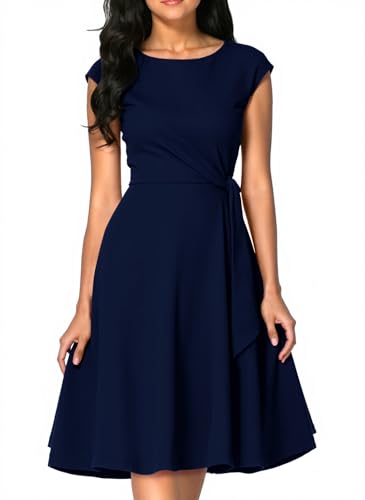Bbonlinedress Sommerkleid Damen Abendkleider elegant für Hochzeit festliches Cocktailkleid mit Gürtel Partykleider Rockabilly Kleider Navy XL