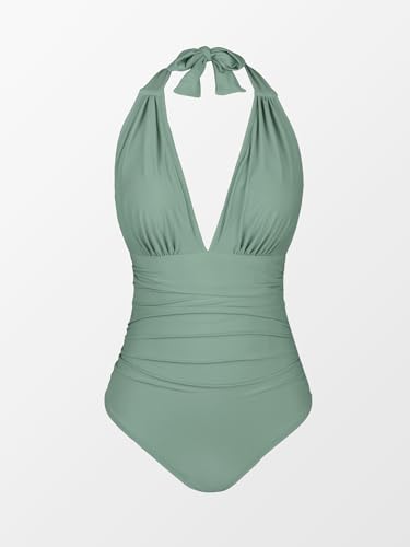 Image of CUPSHE Women Deep V Neck One Piece Halter Swimsuit | Backless,Ruched,Tummy Control,Soft Removable Cups,Flattering Bathing Suit For Vacation And Beach
