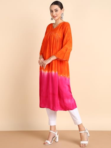 Image of Maaesa Women Handcrafted Tie-Dye Rayon A-Line Dress | Casual Wear & Office Wear | 3 /4 Sleeve | V-Neck | Lightweight & Breathable Fabric