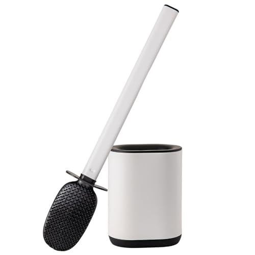 Erreke Escobilla Baño Silicona con Soporte Acero Inoxidable, Escobilla WC en TPR Flexible para Mejor Limpieza, Montaje en Pared sin Taladro, Higiénica y Resistente (Cloud White)