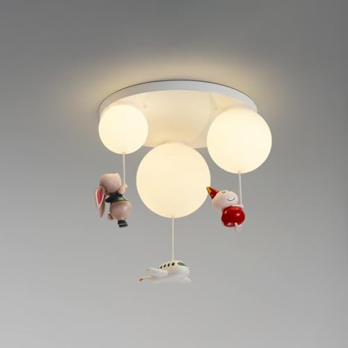 EOEO Lámpara de Techo de Globo E14 con Muñeca de Dibujos Animados de Resina Lámpara de Habitación Infantil Lámpara de Techo Moderna de Metal de 3 Llamas 3000K/4500K/6000K Lámpara de Cabecera Blanca
