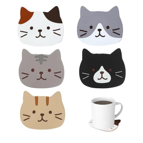 5 Pièces Cat Tasse Silicone Mug Dessous de Verre,Dessous de Verre décoratifs, Antidérapants Lavable sous-Verres pour Boissons, Verres, Tasses, Bar