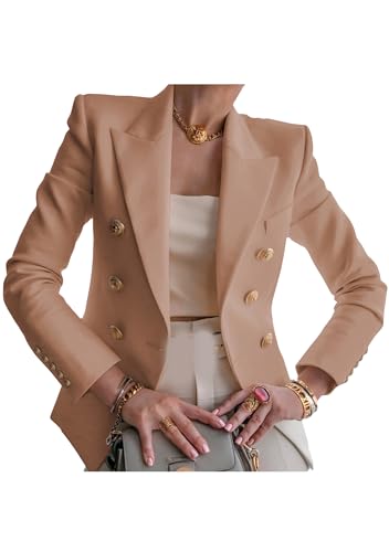 YMING Womens Double Breasted Long Sleeve Blazer Lapel Open Front Jacket Solid Color Work Office Coats with Pockets