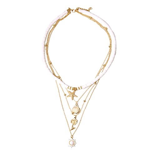 Corazón Joyería Cristales Boho Capas Collares Oro Festoneado Concha Colgante Collar joyería para Mujer Viaje Clip De Papel Viaje Collar (White, One Size) Cover
