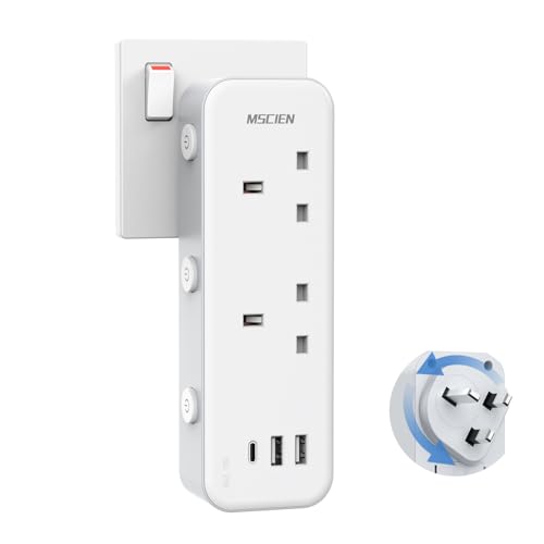 Mscien Double Plug Adaptor with 3 USB,Plug Extension Socket with Independent Switches,UK 13A Fuse 2 Way Multi Plug Power Extender,315 Degree Rotating Design for Home, Office, Dorm