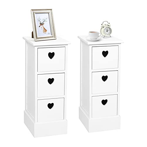 Jooli H 3 Drawer Bedside Table Set of 2, White Storage Cabinet with 3 Heart-shaped Drawers Side Table for Bedroom Living Room, 25x30x64cm