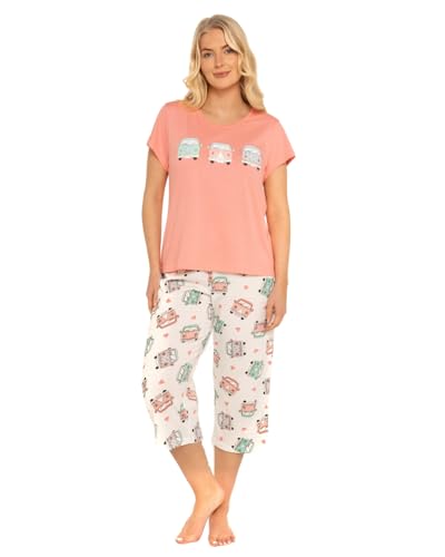 Suzy & Me Womens 100% Cotton Jersey Short Sleeved Cropped Leg Animal Butterfly Bear & Heart Design Pyjamas (UK Numeric 12 14 Regular Regular CORAL CAMPERVAN)