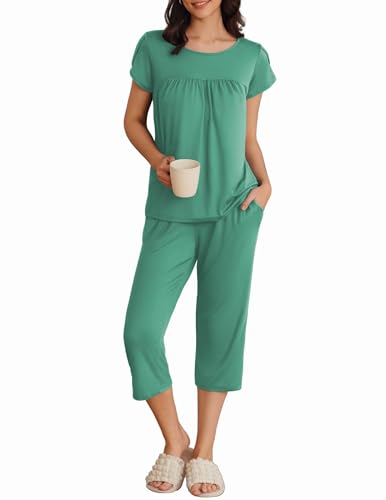 Image of Ekouaer Women's Capri Pajama Set Short Sleeve Mumu Pjs Pleated Top Capri Pants with Pockets Sleepwear Lounge Set