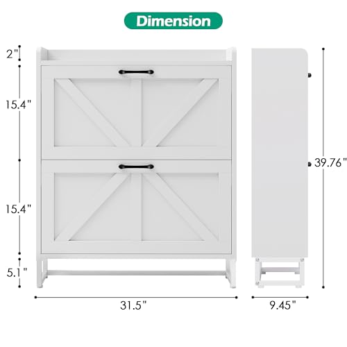 Betterhood Entryway Shoe Cabinet with 2 Flip Drawers, Slim Shoe Rack Cabinet, Freestanding Hidden Shoe Organizer Cabinet with Metal Legs, Shoe Cabniet for Entryway with Storage, Hallway, Foyer, White