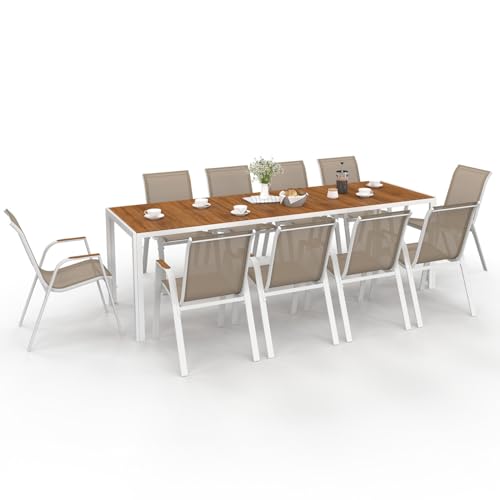 IDMarket - Salon de Jardin NOUMEA Table 240 cm Plateau Verre trempé Effet Bois et 10 chaises empilables Blanc et Bois