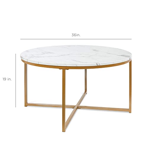 Best Choice Products Round Coffee Table 36In Faux Marble Coffee Table, Large Circular Living Room Table, Modern Boho Home Décor Metal & Marble Accent Table – White/Gold #TOP6