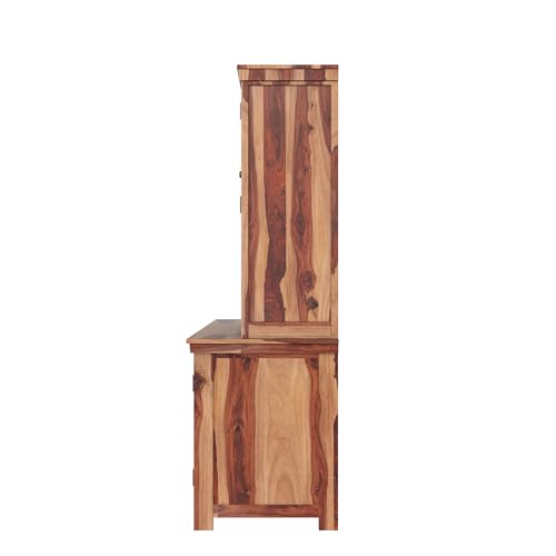 Image of ANGEL FURNITURE Sheesham Wood Kitchen Cabinet, 72 inch Height, Glass Doors, 3 Drawers, Mandala Design, Natural Brown (Honey Finish)