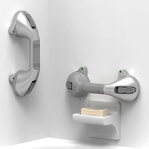 Ameriluck Suction Bath Grab Bar 12Inch With Indicators, Bathroom Shower Handles, Silver/Grey(Pack Of 2) #TOP18