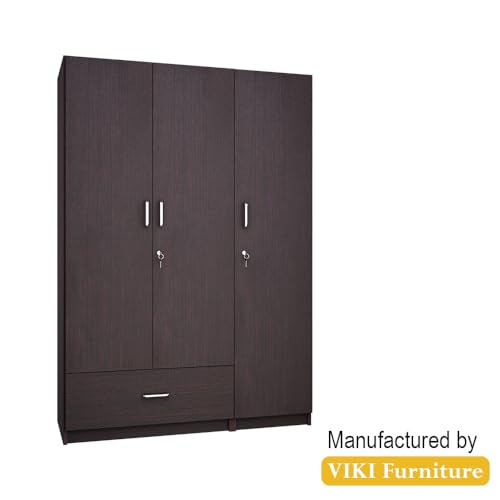 Image of VIKI Wardrobe | Wooden Almirah for 3 Door Wardrobe with 1 Drawer & Hanging Space (Dark Wenge - 40D x 120W x 180.8H) | 1 Year Warranty | Free Assembly