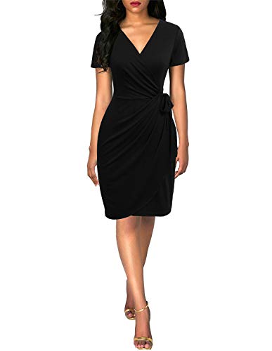 Lyrur Women's Classic V-Neck Casual Party Knee Length Sheath Work Short Sleeve Faux Black Wrap Dress3