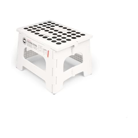 Kikkerland Rhino Foldable Step Stool – Holds Adults up to 300 Lbs, Best for Kitchen & Bathroom – Collapsible, Portable, Lightweight Stepping Stool with Sturdy, Non-Slip Design – White, 8” Cover