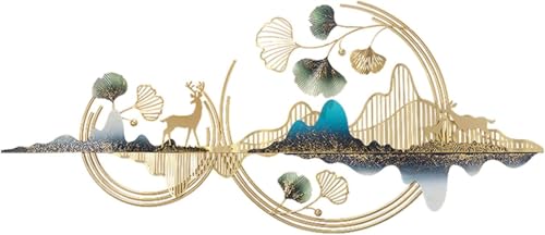 Image of F-RIQA METAL Large Golden Deer & Mountain Abstract Leaf Design Luxury Wall Hanging Decoration for Living Room, Bedroom, Hallway & Office (Asian) | 150 x 67 cm, 3D Abstract Leaf Design, Luxury Modern Nature Decor, For Living Room, Bedroom, Office