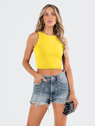 Image of EFAN Women's Double Lined Racerback Crop Tank Top | High Neck Slim Fit Sleeveless Workout Top, No-Bra Essential for Gym, Yoga & Going Out