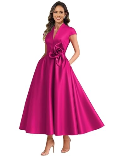 Satin Mother of The Bride Dresses Tea Length 3D Flower