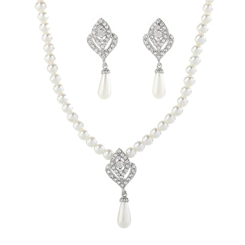 Collar de perlas y pendientes con circonio brillante y cierre de seguridad para fiestas