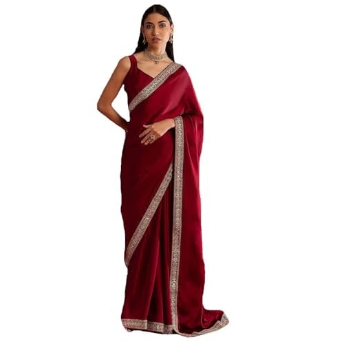 RAJESHWAR FASHION WITH RF Women's Coding Embroidery Work Lace Border Satin Sari |Chiffon Silk Saree For Women |With Blouse_Maroon Red