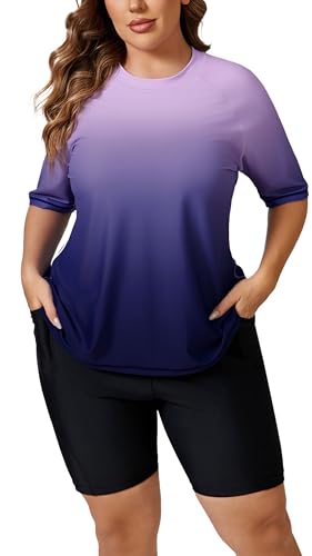 Halcurt Women Plus Size Rash Guard Swimwear Built in Bra Two Piece Swimsuit Shirt and Shorts Purple 2X