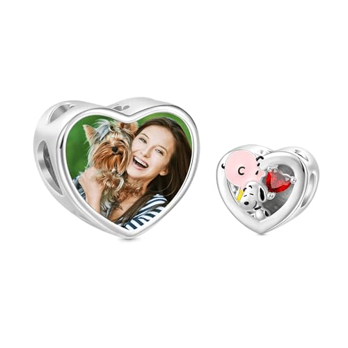 GNOCE Snoopy Hugs Charlie Brown Personalized Photo Heart Charm Bracelet for Women, S925 Sterling Silver Dangle Charms for Women Wife, Valentine‘s Day, Mother’s Day Jewelry
