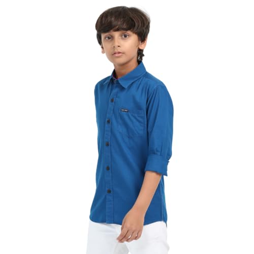 Image of ROCKET SCIENCE Boys Single Pocket Shirt | Regular Fit, Spread Collar, Full Sleeves, 100% Cotton Linen Fabric Royal Blue