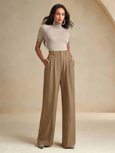 Image of KOTTY Women's High Waist Solid Color Hook and Bar Wide Leg Trousers Loose Comfort Trouser with Pockets
