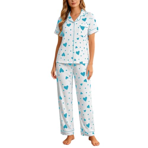 Ensemble de pyjama pour femme court col revers imprimé cœur 2 pcs
