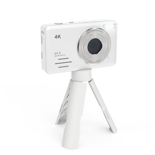 Appareil photo numérique compact 4K 64 MP, écran LCD de 7,3 cm, zoom numérique 18x avec support, rechargeable, portable, tout-en-un pour enfants/adolescents/débutants, blanc