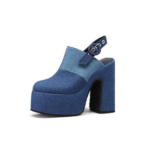 Sandales femme talons épais 14 cm en denim à bout rond et plateformes GXNRHG