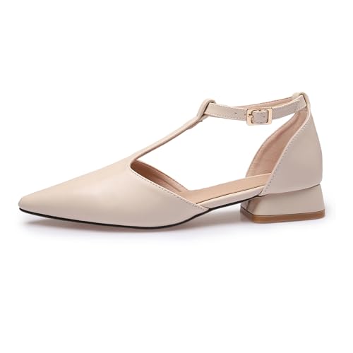 Women's T Strap Ankle Strap Low Block Heels Nude Closed Pointed Toe Chunky Pumps Shoes for Women Party Dress Comfortable Work Shoes - Main Image