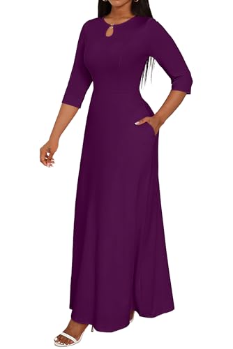 Image of FANDEE Women's Maxi Dress Casual Boho Plain Long Dresses 3 /4 Sleeve with Pockets