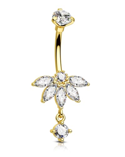 Cocharm Lotus Belly Button Ring, 14G Dangle Navel Ring for