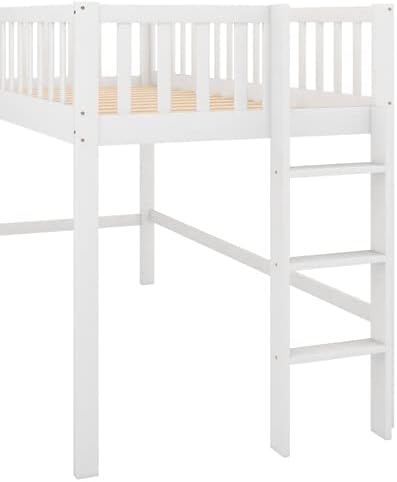 Miniatura 4 de Anwickmak Cama alta de tamaño individual baja con tobogán para niños, cama alta con escalera y barandilla de seguridad, mini cama alta de madera de