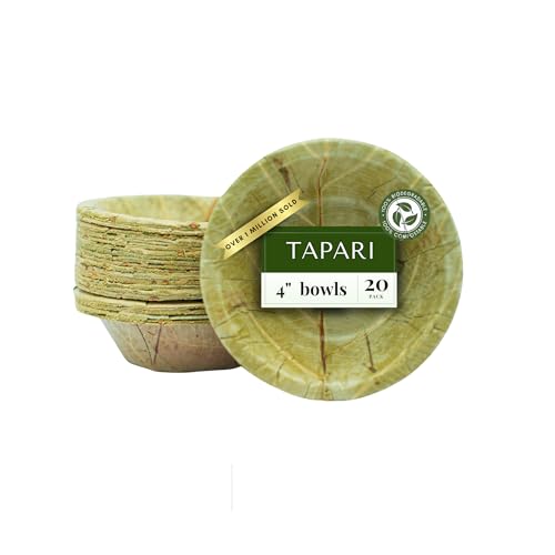 TAPARI Mini Disposable Bowls - 20 Pack Mini Leaf Bowls - 4 Inch - Sturdy & Eco-Friendly - Home Compostable & Biodegradable Bowls for Parties - Bowl for Soup, Hot & Cold Food - Sal Leaf - 3 Fl Oz