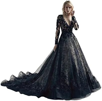 TRHTX Women's Lace Black Wedding Dresses for Bride 2022 Gothic V Neck Bridal Gowns Long Sleeve Wedding Gowns with Train Size 16