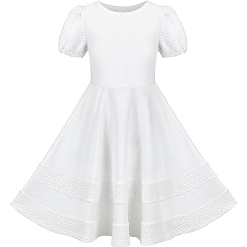 Girls Dress White Solid A-line Retro Puff Sleeve Casual Spring Summer Age 10 Years