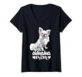 Femme Chihuahua Maman Chiwawa à poils longs Chiwawa Chien Blanc Mère Maman T-Shirt avec Col en V