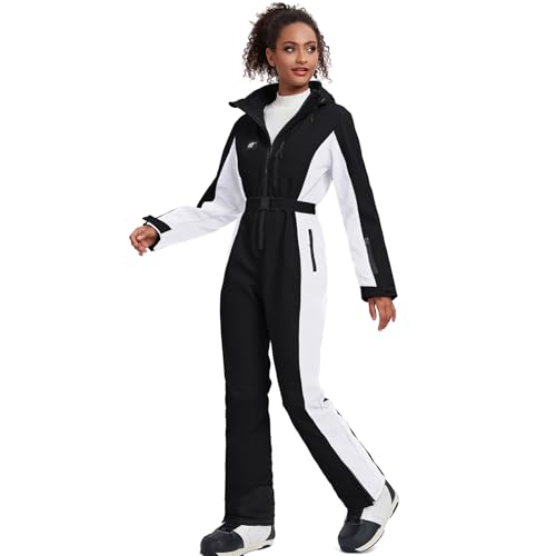 HOTIAN Damen Skianzug Damen Einteiler Skioverall Winter Warme Schnee Skifahren Winddicht Wasserdicht Outdoor Schneeoverall Jumpsuit Mit Kapuze Verdicken Schneeanzug Ski Suit Black XL01