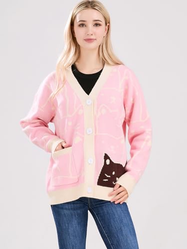 ebossy Women's Kawaii Cartoon Cat Cardigan Japanese Aesthetic Button Down Jacquard Knit Sweater Coat3