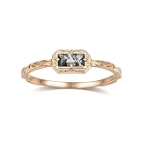 FAMIVES Baguette Wedding Band for Women Solitaire Moss Agate Stacking Rings Vintage Filigree Dainty Promise Rings Anniversary Jewelry Size 7 Gold Tone