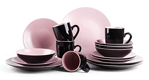 HomeVss Stoneware Two-Tone Colors Life 16pc Dinner Set?Outside Shiny Black + Inside Matte Glaze Rose