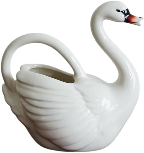 White Ceramic Swan Vase Pitcher, 40.6 oz Decorative Flower Holder with Handle