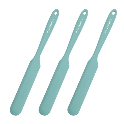 PUCKWAY 3pcs Silicone Jar Spatulas 10in Long Skinny Heat-Resistant, Narrow Spatula Set for Scraping Peanut Butter, Sourdough, Jam in Small Containers, Blenders & Baking (Green)