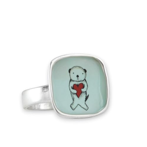 Mark Poulin Sterling Silver Otter Ring with Heart Design, Statement Jewelry, Vitreous Enamel (8)